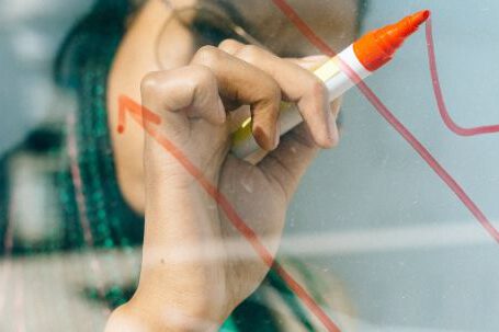 Trading Tools - Woman in a Beige Coat Writing on a Glass Panel Using a Whiteboard Marker