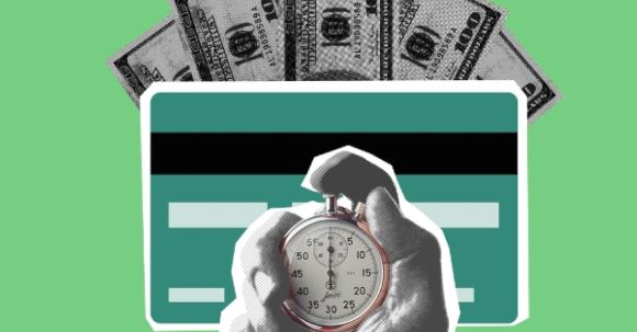 Trade Timing - Illustration of cutout person hand timing stopwatch against credit card and cash money on green background